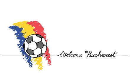 Welcome to Bucharest simple soccer, football banner. Minimalistic vector background with football ball sketch and Romania flag with lettering.のイラスト素材