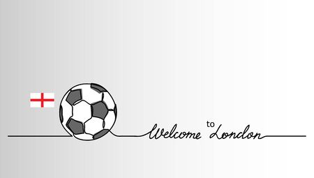 Welcome to London simple soccer, football banner. Minimalistic vector background with football ball sketch and English flag with lettering.のイラスト素材