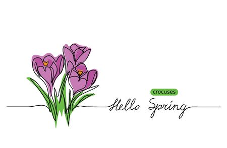 Crocuses blossom vector sketch, doodle. Hello Spring lettering. Crocuses web banner, illustration, border, card design backgroundのイラスト素材