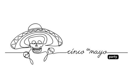 Sombrero, maracas, skull black and white mexican illustration. Cinco de mayo, means 5 May, party vector simple background, poster.One continuous line drawingのイラスト素材