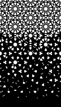 Arabic cut out laser seamless vector pattern. Geometric islamic halftone pattern with disintegration. Black vector rich border.のイラスト素材