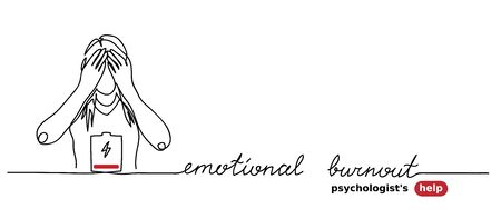 Emotional burnout, stress, low battery simple vector background with woman. Psychologist help web banner. Emotional burnout lettering. One continuous line drawing.のイラスト素材
