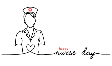 Happy Nurse Day simple vector web banner, background. Nurse day lettering. One continuous line drawing.のイラスト素材
