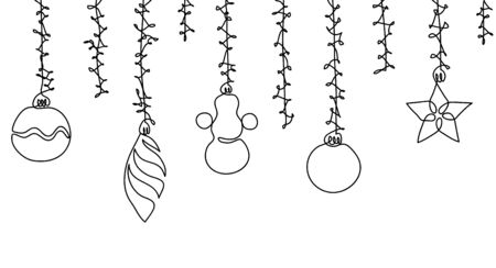 Christmas decorations, christmas toys simple contour. Seamless vector border on white background. One continuous line vector drawing, background, banner, illustration.のイラスト素材