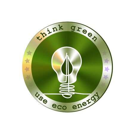 Lamp with green leaf round hologram,circle badge,sticker. Think green, use eco energy metal emblem with lamp and leaf.のイラスト素材