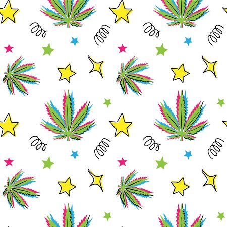 Cannabis leaf vector pattern. Hand drawn, doodle, cartoon pattern with cannabis, marijuana, hemp, weed in memphis design.のイラスト素材