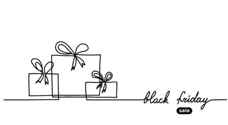 Black friday simple vector boxes web banner. One continuous line drawing with gift, boxes. Minimal Black friday banner.のイラスト素材