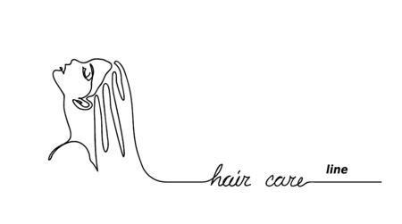 Girl, woman profile, face. Hair care line shampoo, hair conditioner, hair mask promotion. Simple vector banner. One continuous line drawing background,poster,banner.のイラスト素材