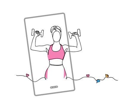 Girl doing exercise with dumbbells. Fitness trainer, social media influencer. Vector simple illustration with phone, like, thumb up, heart, comment. Fitness girl concept.のイラスト素材
