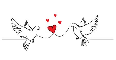 Dove, pigeon couple with heart. Love concept ,vector simplicity. Continuous one line drawing banner with in love doves.のイラスト素材