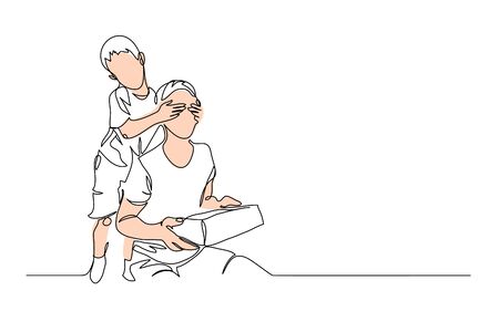 Son makes a gift or present to his father. One continuous line drawing banner, background, poster. Happy Father Day simple vector illustration of son and father.のイラスト素材