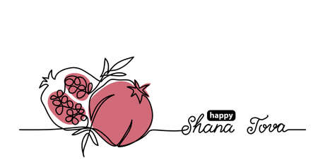Shana tova simple vector background with pomegranate. One continuous line drawing with lettering happy Shana tova.のイラスト素材