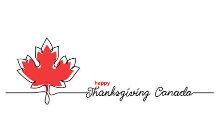 Thanksgiving Canada art background with maple leaf. Simple vector web banner. One continuous line drawing with lettering happy Thanksgiving Canada.のイラスト素材