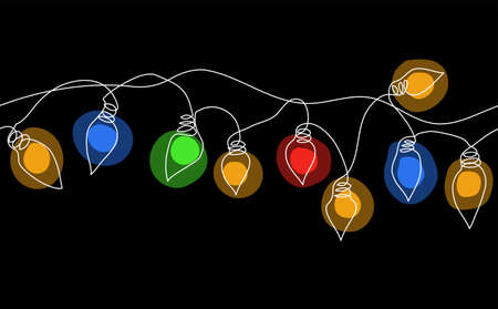 Color garland string, festoon. Glowing christmas lights, festive decorations on black background. Vector seamless horizontal border pattern.のイラスト素材