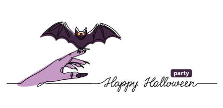 Halloween party web banner with bat. One continuous line drawing with text Happy Halloween party....