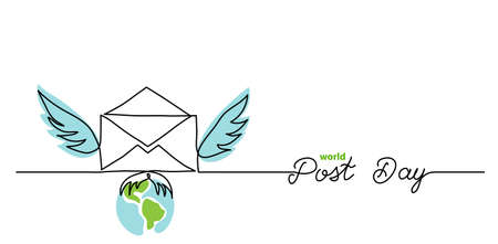 World post day simple web banner, background. One continuous line drawing of mail with wings with text Post Day.のイラスト素材