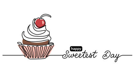 Sweetest day minimalist vector web banner, border, background, poster with cupcake and cherry on top. Single line art colorful illustration with lettering Sweetest day.のイラスト素材