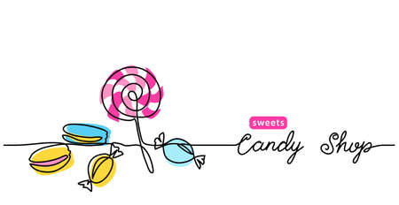 Candy shop simple vector web banner, border, background, poster. Single line art colorful illustration with text Candy shop.のイラスト素材