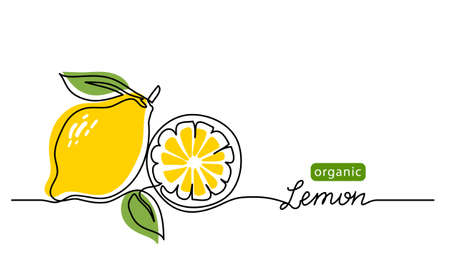 Lemon vector illustration. One continuous line drawing art illustration with lettering organic lemon.のイラスト素材