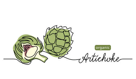 Artichoke vector illustration. One line drawing art color illustration with lettering organic artichoke.のイラスト素材
