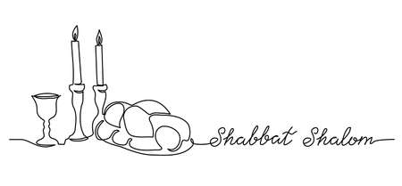 Shabbat Shalom, peaceful sabbath, vector poster, banner, background with challah, candle, wine. Shabbat Shalom lettering.のイラスト素材