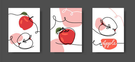 Apple fruits, wall line art decor. Set of vector illustrations, one continuous line decoration of red apples for kitchen or cafeのイラスト素材