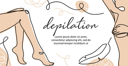 Body depilation vector banner. Lady legs, armpit simple poster, background, label design. One continuous line art. Body depilation illustrationのイラスト素材