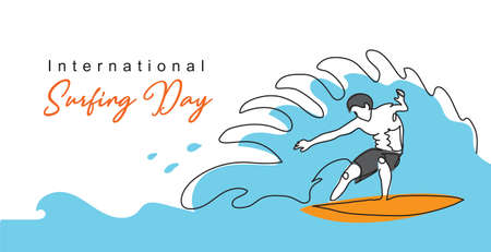 International surfing day simple vector banner, poster, background. One continuous line drawing of...