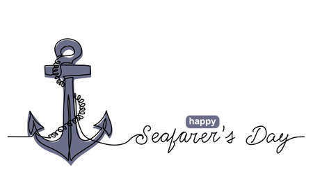 Anchor with rope simple vector banner, poster, background. One continuous line drawing of sea sign...