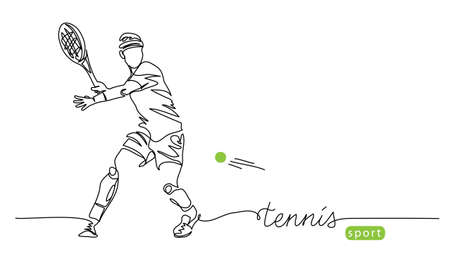 Tennis player simple vector background, banner, poster with man, racket and ball. One line drawing art illustration of male tennis playerのイラスト素材