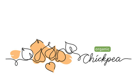 Chickpea, garbanzo beans simple vector drawing. One continuous line art border with lettering chickpeaのイラスト素材