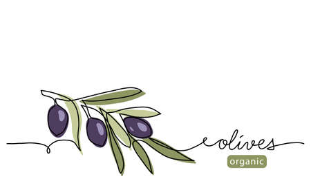 Olive branch with black olives. Simple vector illustration. One continuous line art drawing with lettering organic olivesのイラスト素材