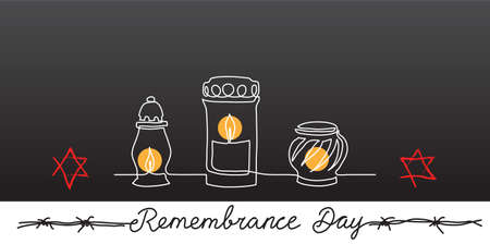 Holocaust Remembrance Day background, banner, poster with candles, jewish star and barbed wire on a dark backgroundのイラスト素材