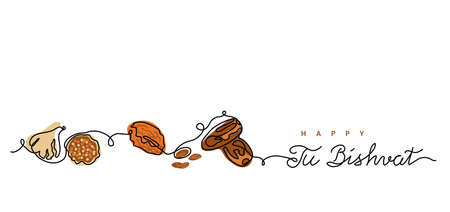Tu Bishvat, hebrew holiday of fruit trees. One line art drawing of dried fruits fig fruits, apricot, dates. Vector background, banner, poster. Tu Bishvat letteringのイラスト素材