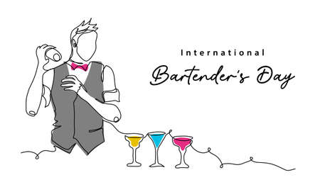 Bartenders Day simple vector illustration. Barman or barista job minimal background, banner, poster. One continuous line art drawing for international bartenders day celebrationのイラスト素材