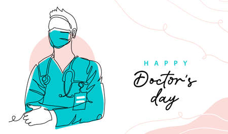 Doctors day simple vector illustration of physician, therapist man in mask and doctor coat. One continuous line art drawing background, banner, poster for Doctors day celebrationのイラスト素材