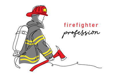 Fireman with ax in red helmet and uniform.One continuous line art drawing vector illustration of firemanのイラスト素材