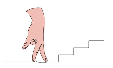 Fingers walking on stairs hand gesture. Consept of success, ambition, effort. One continuous line art drawing vector illustration of walking fingersのイラスト素材