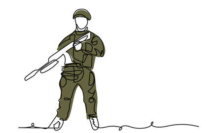 Soldier in full growth with weapon in helmet and khaki military form of armed forces. Vector illustration. One continuous line art drawing background, banner, poster of soldierのイラスト素材