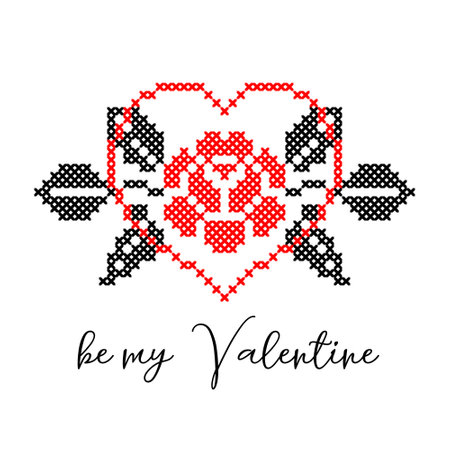Rose and heart st. Valentine s greeting card. Ukrainian vector ethnic sign, folk element in red and black colors. Rose and heart embroidery, pixel art , vyshyvankaのイラスト素材
