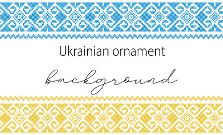 Ukrainian vector background, banner, poster.Traditional folk, ethnic ornament. Border in yellow and blue Ukrainian flag colors. Pixel art, vyshyvanka, cross stitchのイラスト素材