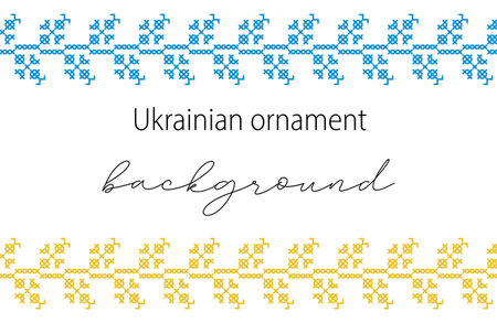 Ukrainian vector background, banner, poster.Traditional folk, ethnic ornament. Border in yellow and blue Ukrainian flag colors. Pixel art, vyshyvanka, cross stitchのイラスト素材
