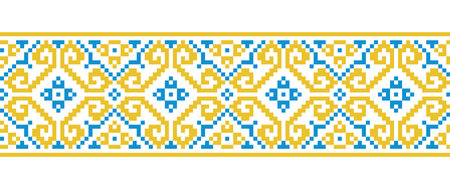 Ukrainian ornament in yellow and blue colors. Ukrainian geometric vector ornament, border, pattern. Pixel art, traditional embroidery vyshyvanka, cross stitchのイラスト素材