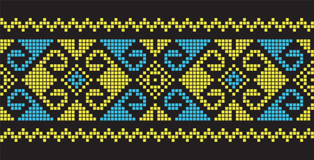 Ukrainian mosaic, pixel art pattern. Tile ornament in yellow and blue colors on black background. Ukrainian mosaic vector ornament, borderのイラスト素材
