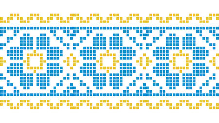 Ukrainian mosaic, pixel art pattern. Tile flower ornament in yellow and blue colors on white background. Ukrainian floral mosaic vector ornament, borderのイラスト素材