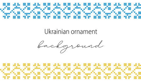 Ukrainian vector background, banner, poster.Traditional folk, ethnic ornament. Banner in yellow and blue Ukrainian flag colors. Pixel art, vyshyvanka, cross stitchのイラスト素材