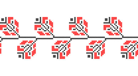 Ukrainian pattern. Vector ornament, seamless border. Ukrainian folk, ethnic geometric embroidery. Pattern in red and black colors. Pixel art, vyshyvanka, cross stitchのイラスト素材