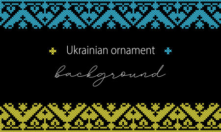 Ukrainian vector background, banner, poster.Traditional folk, ethnic ornament. Border in yellow and blue Ukrainian flag colors. Pixel art, vyshyvanka, cross stitchのイラスト素材