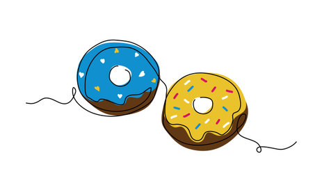 Two donats vector iliustration in Ukrainian colors yellow and blue. One line art donatsのイラスト素材