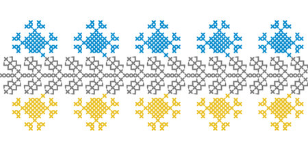 Ukrainian vector seamless decorative border pattern in blue and yellow colors. Pixel art, embroidery, vyshyvanka, cross stitchのイラスト素材